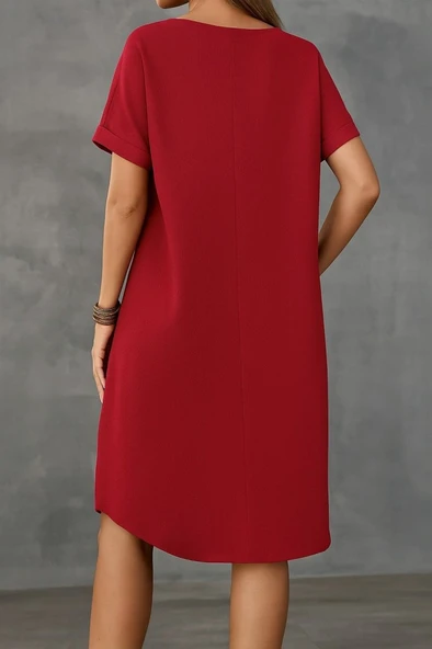 Kadın Kısa Kollu Kayık Yaka Bürümcük Elbise - Resim 2