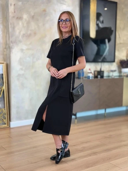 Kadın Kısa Kollu Bisiklet Yakalı Cepli önden Yırtmaçlı Viskon Iki Iplik Midi Elbise - Resim 5