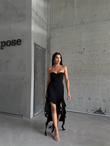 STRABLEZ SANDY ELBİSE YANLARI KATLI - Siyah - Resim 2