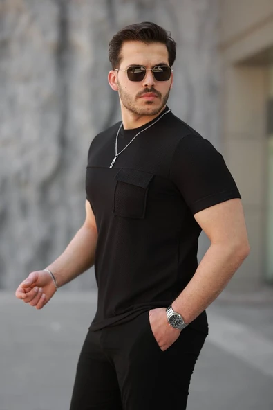 Erkek Cepli Kolyeli Kısa Kollu örme Kumaş T-shirt - Resim 2