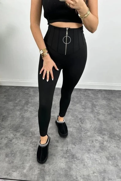 Kadın Yüksek Bel Toparlayıcı Korse Detay Dalgıç Kumaş Tayt - Resim 2