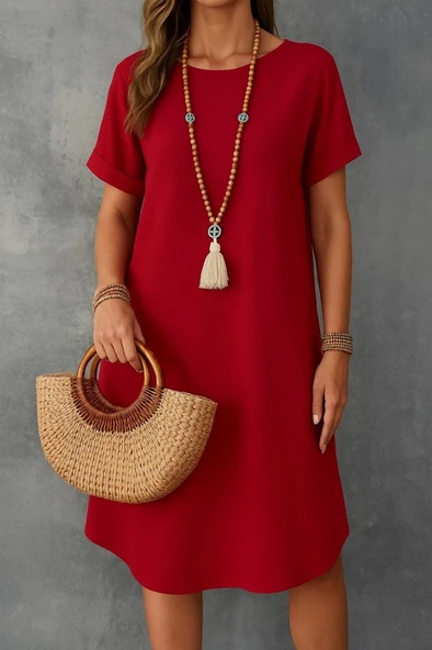 Kadın Kısa Kollu Kayık Yaka Bürümcük Elbise ürün görseli