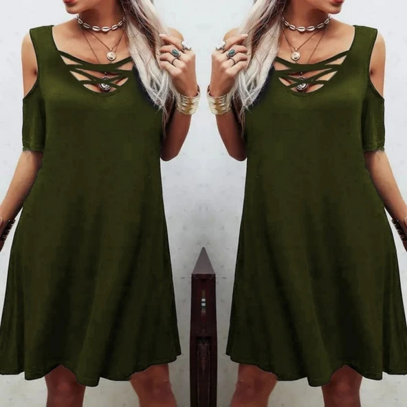 Dekolteli Bağcık Detay Viskon Kumaş Elbise - Resim 2