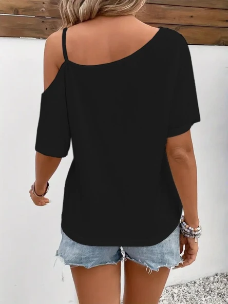 Kadın Tek Omuzu Açık Ip Askılı Baskılı Viskon Bluz - Resim 3