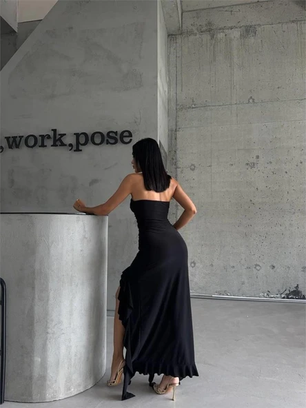 STRABLEZ SANDY ELBİSE YANLARI KATLI - Siyah ürün görseli