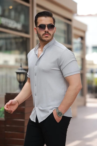 Erkek Hakim Yaka Kısa Kollu Gömlek - Resim 2