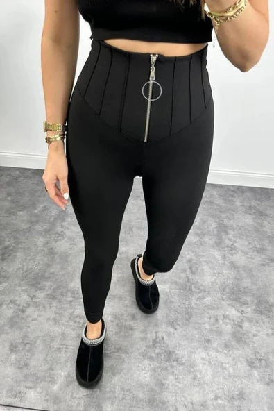 Kadın Yüksek Bel Toparlayıcı Korse Detay Dalgıç Kumaş Tayt - Resim 3