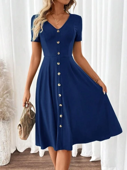 Kadın Kısa Kollu V Yakalı önden Düğmeli A Kesim Dokuma Elbise - Resim 2