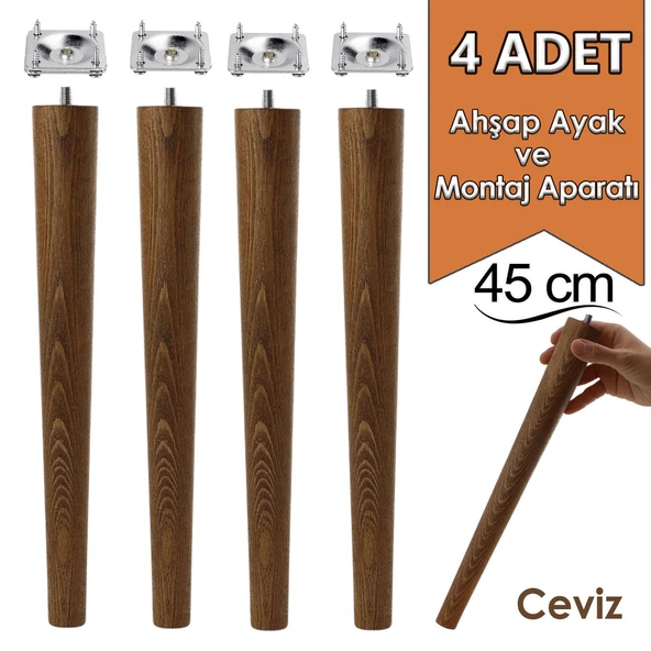 4 Adet Ahşap Ayak 45 Cm Ceviz M8 Civatalı Bağlantı Aparatlı Mobilya Tabure Sehpa Masa Destek Ayağı ürün görseli 1