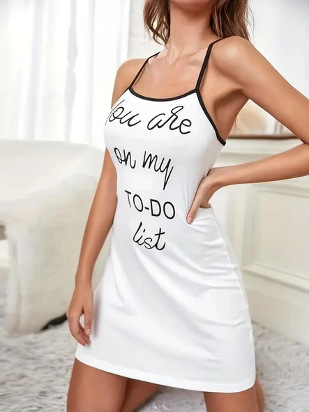 Kadın Kolsuz Askılı Sırt çapraz Detay To Do List Baskı Süprem Gecelik Elbise - Resim 3