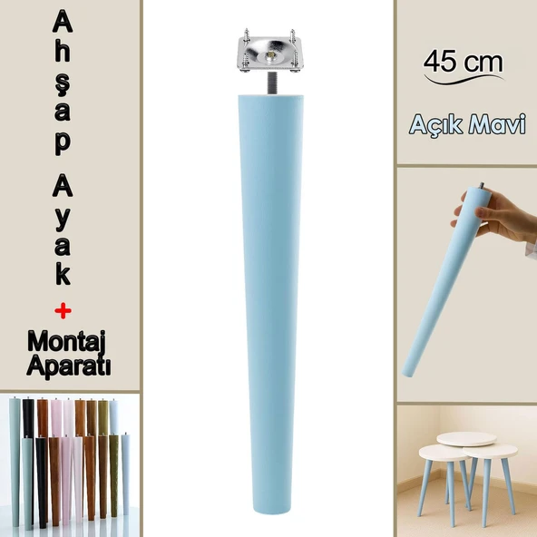 Ahşap Ayak 45 Cm Açık Mavi M8 Civatalı Bağlantı Aparatlı Mobilya Tabure Sehpa Masa Destek Ayağı ürün görseli