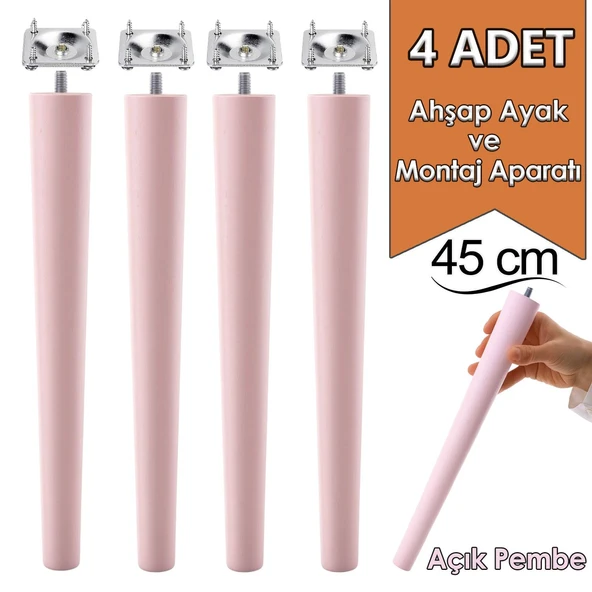 4 Adet Ahşap Ayak 45 Cm Açık Pembe M8 Civatalı Bağlantı Aparatlı Mobilya Tabure Sehpa Masa Destek Ayağı ürün görseli 1
