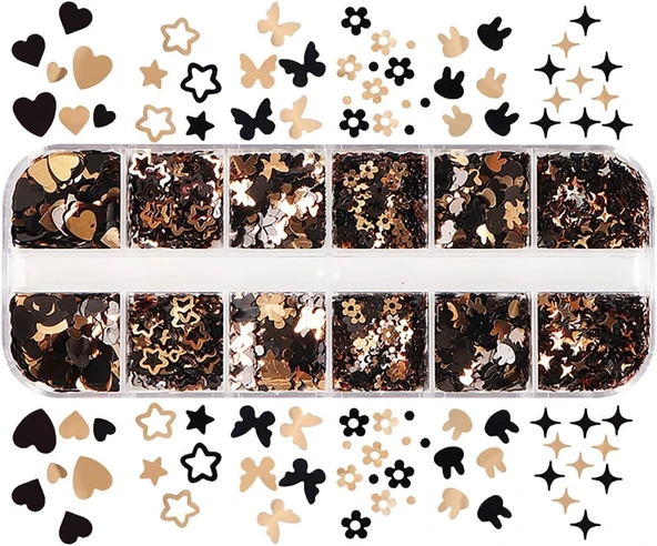 Siyah ve Gold Tırnak Süsleme Folyo Pulları Karışık Dizayn Kelebek Kalp Tavşan Yıldızlar Nail Art ürün görseli