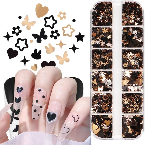 Siyah ve Gold Tırnak Süsleme Folyo Pulları Karışık Dizayn Kelebek Kalp Tavşan Yıldızlar Nail Art - Resim 2