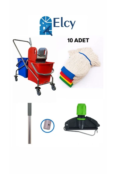 ELCY Çift Kovalı Krom Temizlik Arabası Paspas Arabası Islak Mop Seti 12 Parça 10 Adet Mop