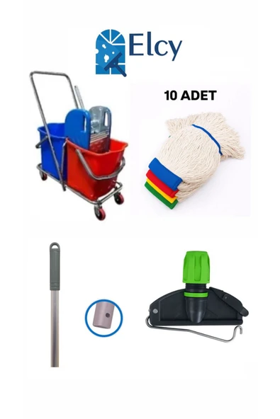 ELCY Çift Kovalı Krom Temizlik Arabası Paspas Arabası Sap Mop Aparat (Çelik Pressli)