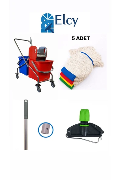 ELCY Çift Kovalı Krom Temizlik Arabası Paspas Arabası Islak Mop Seti 5 Adet Mop