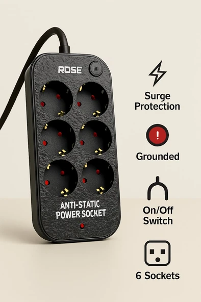 ROSE 6’lı Akım Korumalı Priz Topraklamalı Anahtarlı Anti-Statik 3Metre - 2