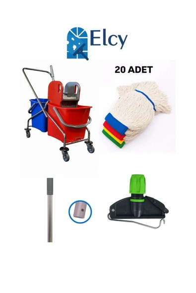 ELCY Çift Kovalı Krom Temizlik Arabası Paspas Arabası Islak Mop 20 Adet Mop