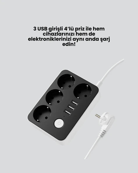 4.1A Hızlı Şarjlı Akım Korumalı 4 Priz ve 3 USB Çıkışlı Priz - Resim 2