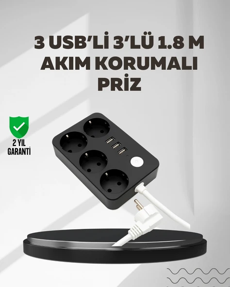 4.1A Hızlı Şarjlı Akım Korumalı 4 Priz ve 3 USB Çıkışlı Priz ürün görseli 1