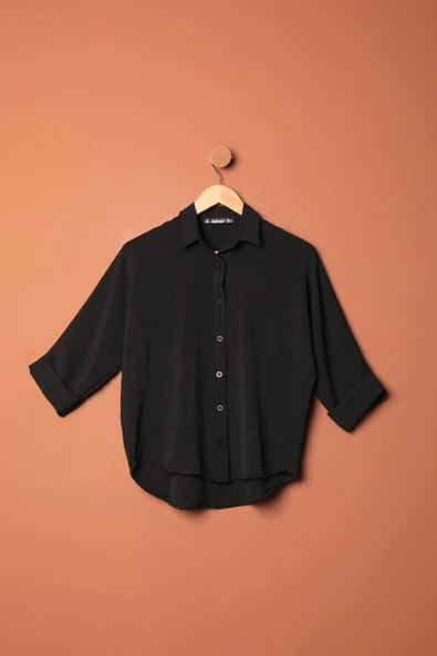 Aerobin Kumaş Düğmeli Kadın Gömlek-Siyah ürün görseli