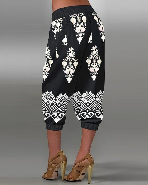 Kadın Beli Lastikli Etnik Desenli Kapri Süprem Pantolon - Resim 2