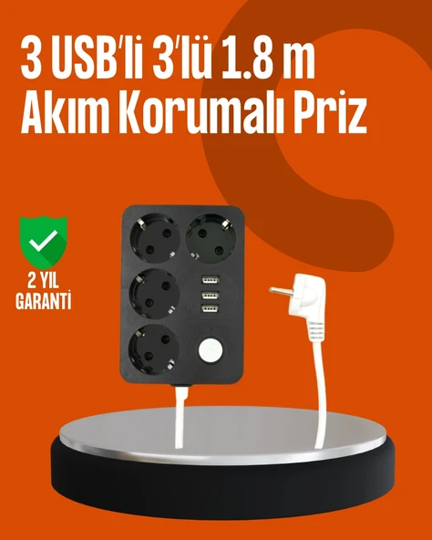 Akım Korumalı 3 USB Portlu 4’lü Priz 4.1A Hızlı Şarj ürün görseli 1