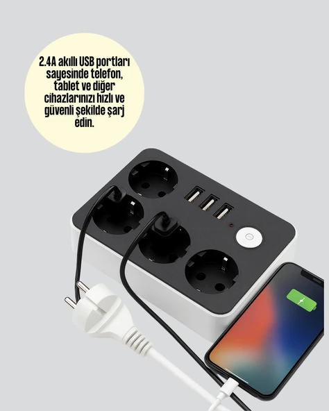 Akım Korumalı 3 USB Portlu 4’lü Priz 4.1A Hızlı Şarj - Resim 3