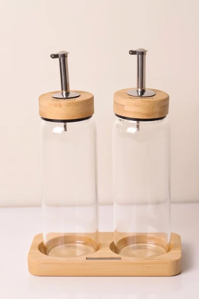 Bambu Kapaklı Cam Yağlık & Sirkelik Seti – 2'li Standlı 300ml - Resim 5