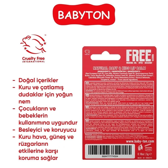 Babyton Doğal Dudak Koruyucu Bitkisel Lipbalm Çilek 5 gr - Resim 2