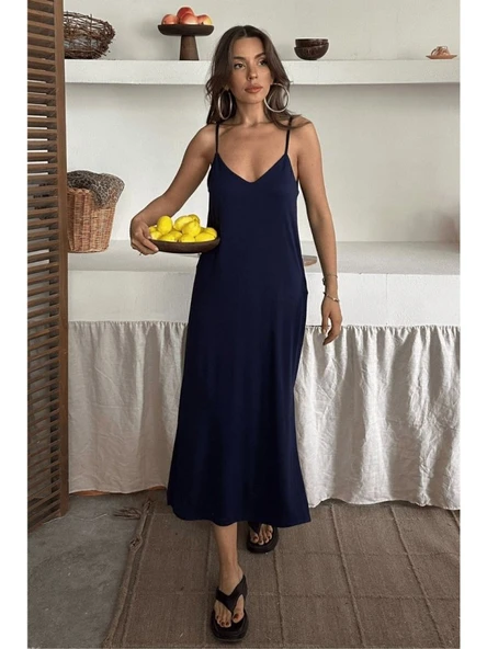 Kadın Siyah Asansör Askılı Çift Yırtmaçlı Helen Elbise - Resim 4