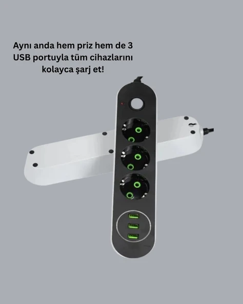 USB Yuvalı Anahtarlı Üçlü Priz 2 Metre Kablolu - Resim 2