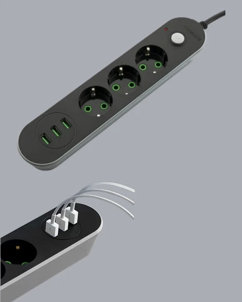 Akım Korumalı Anahtarlı USB Girişli Üçlü Priz - Resim 4