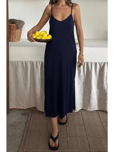 Kadın Siyah Asansör Askılı Çift Yırtmaçlı Helen Elbise - Resim 2