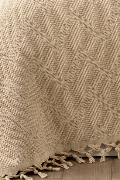 Sevim %100 Pamuk Çift Kişilik Bağlama Saçaklı Pike-220x240 cm-Jakarlı Waffle Pike - 2