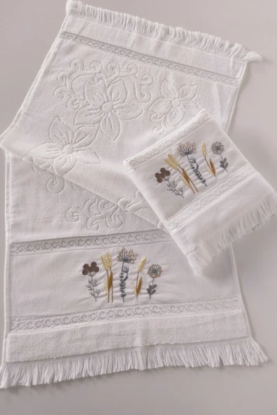 Sevim 2'li Nakışlı Kadife El Yüz Havlusu - %100 Pamuk Jakarlı & Çiçekli - 9