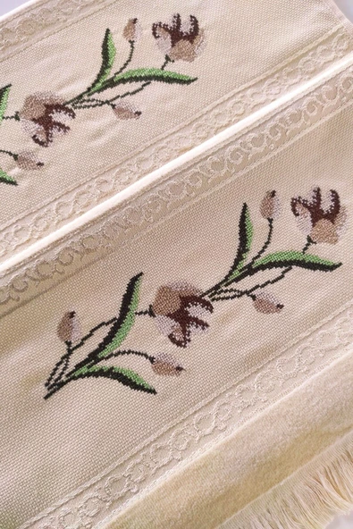 Sevim 2'li Kanaviçe Gül Nakışlı Jakarlı Kadife El Yüz Havlusu - 50x90 Cm - Resim 10