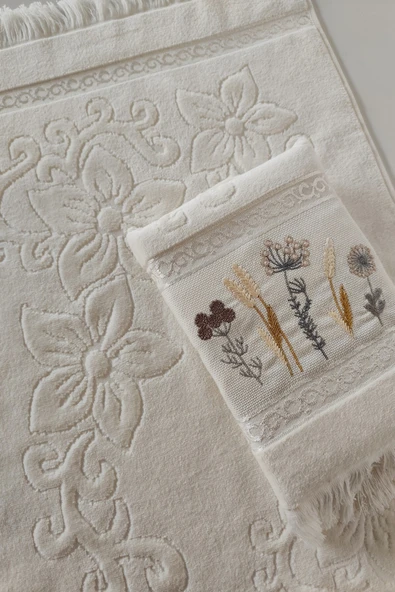 Sevim 2'li Nakışlı Kadife El Yüz Havlusu - %100 Pamuk Jakarlı & Çiçekli - 6