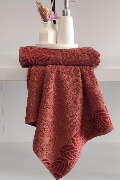 Sevim 2'li Jakarlı Yaprak Desenli %100 Pamuk El Yüz Havlusu-50x90cm - Resim 5