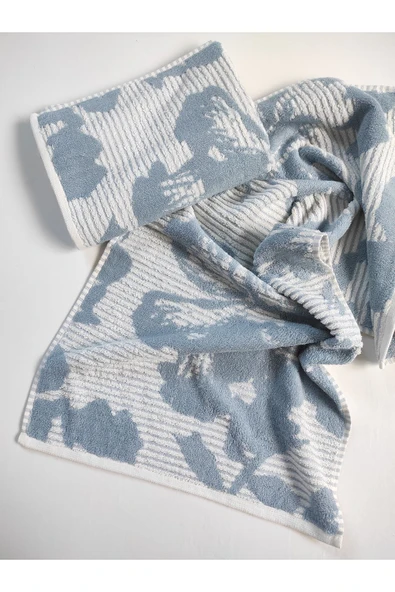 Sevim Desenli& Yatay Çizgili %100 Pamuk El/yüz Havlusu - Yüksek Su Emici -45x85cm- Ekru&mavi-ipliği Boyalı - 2