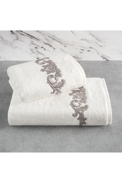 Sevim Bambu Yumuşak & Su Emici Tivoli Cloé Havlu - Gri Rengi Nakışlı Havlu Modelleri - 2'li Set - Resim 10