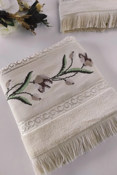 Sevim 2'li Kanaviçe Gül Nakışlı Jakarlı Kadife El Yüz Havlusu - 50x90 Cm - Resim 11