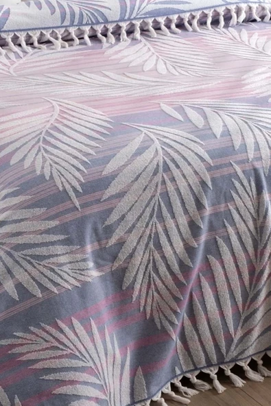 Sevim %100 Pamuk Çift Kişilik Püsküllü Havlu Yatak Örtüsü - Saçaklı & Yumuşak - Hardal Çizgili İndigo - 9