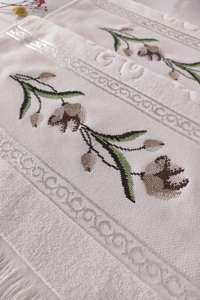 Sevim 2'li Kanaviçe Gül Nakışlı Jakarlı Kadife El Yüz Havlusu - 50x90 Cm - Resim 7