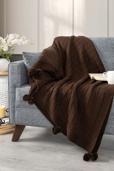 Sevim Ponponlu Triko Örme Tv Battaniyesi-Omuz Koltuk Şalı, Diz Battaniyesi-130x170 cm - Resim 7