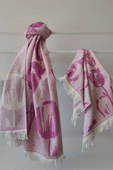 Sevim %100 Pamuk Saçaklı Jakarlı Lale Desenli Peştemal ve Peşkir Takımı - 2