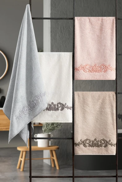 Sevim Bambu Yumuşak & Su Emici Tivoli Cloé Havlu - Gri Rengi Nakışlı Havlu Modelleri - 2'li Set - Resim 3