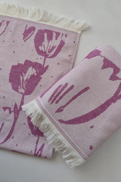 Sevim %100 Pamuk Saçaklı Jakarlı Lale Desenli Peştemal ve Peşkir Takımı - 5