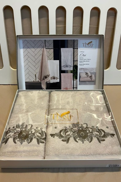 Sevim 2'li Nakışlı & Bambu Banyo Havlu Seti - Çiçek Desenli & Çeyizlik & Kutulu Havlu - Tivoli Elise - 12